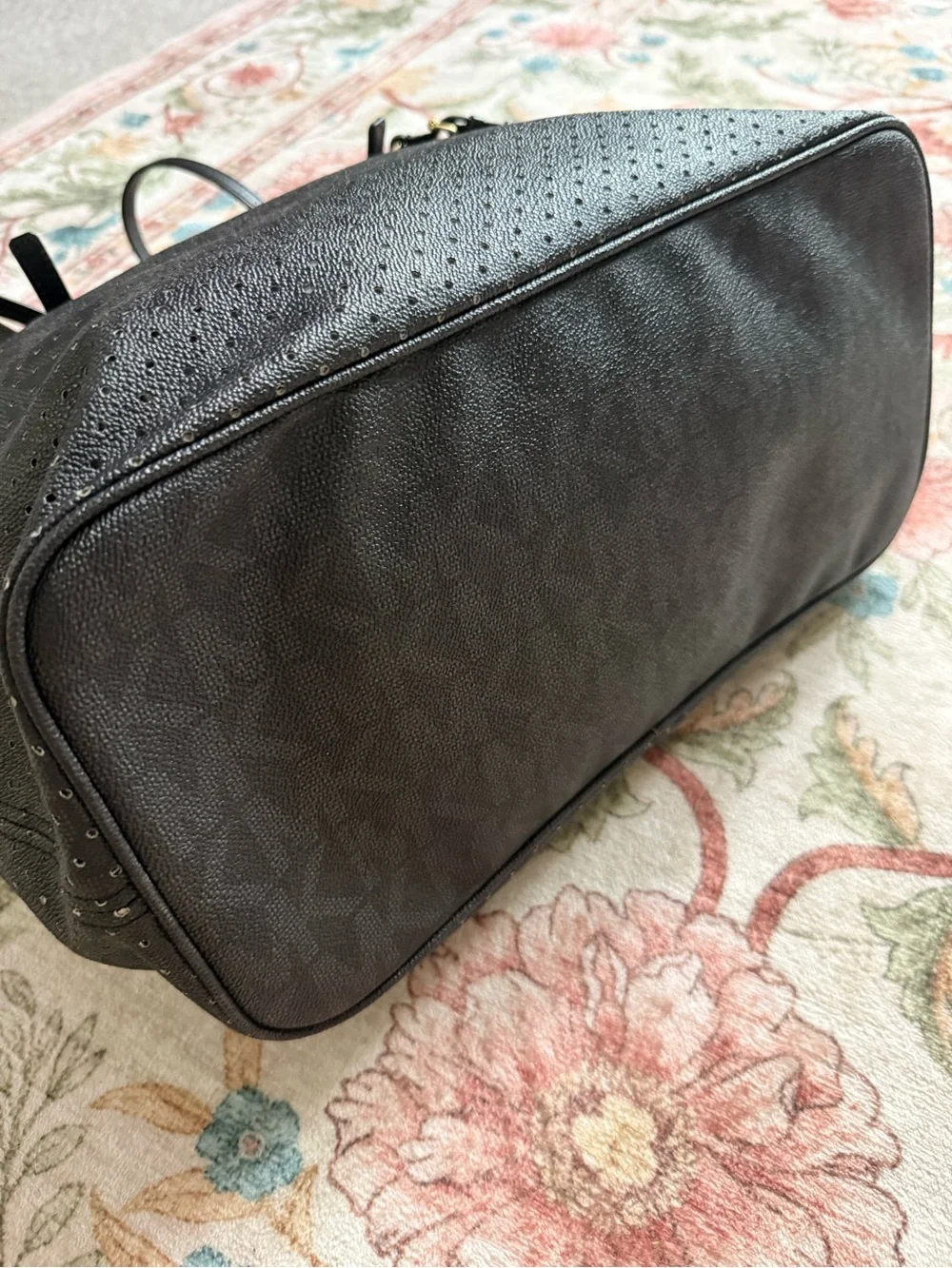 Michael Kors Black Perforated Tote with Gold Logo Charm